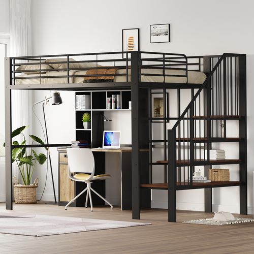 Lit Mezzanine 140x200 Avec Rangement Intégré Et Escalier, Structure Métal, Noir