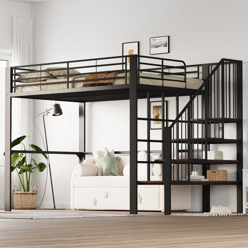 Lit Mezzanine 140x200 Avec Rangement Intégré Et Escalier, Structure Métal, Noir