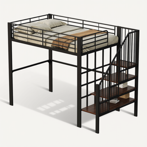 Lit Mezzanine 140x200 Avec Rangement Intégré Et Escalier, Structure Métal, Noir