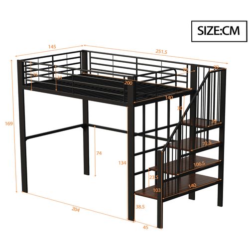 Lit Mezzanine 140x200 Avec Rangement Intégré Et Escalier, Structure Métal, Noir