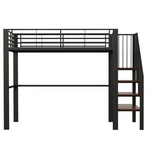 Lit Mezzanine 140x200 Avec Rangement Intégré Et Escalier, Structure Métal, Noir