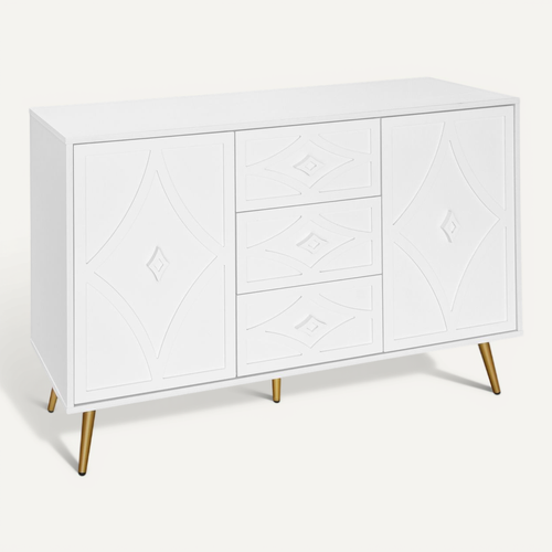 Commode - 3 Tiroirs - 2 Portes - Motif Losange En Relief - Pieds Dorés - Meuble Polyvalent - Blanc