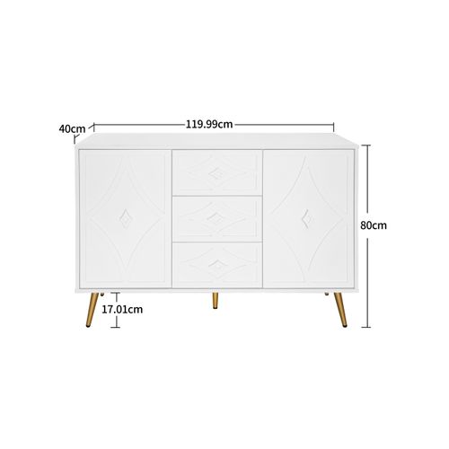 Commode - 3 Tiroirs - 2 Portes - Motif Losange En Relief - Pieds Dorés - Meuble Polyvalent - Blanc