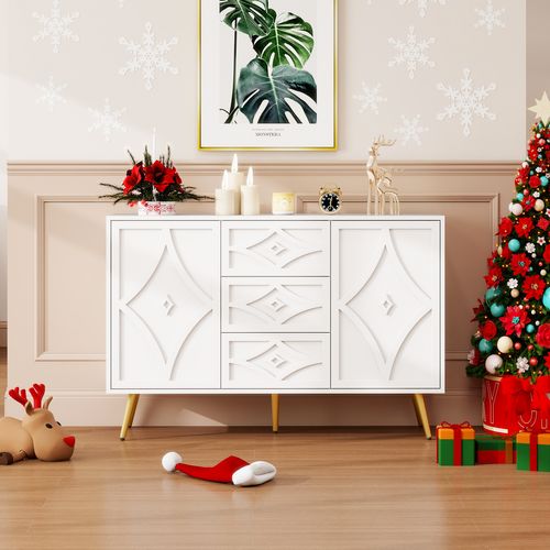 Commode - 3 Tiroirs - 2 Portes - Motif Losange En Relief - Pieds Dorés - Meuble Polyvalent - Blanc