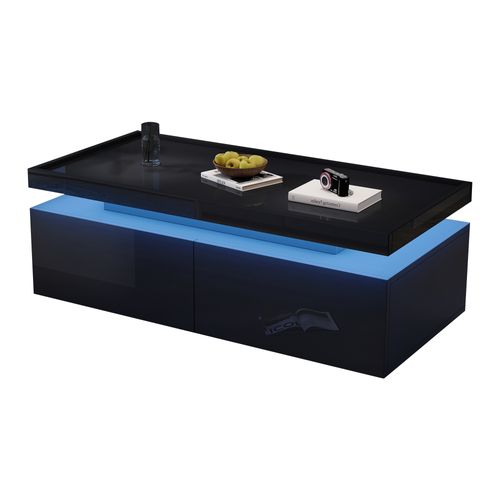 Table Basse Noir, Canapé, 2 Tiroirs, Éclairage LED Mobile, Capacité 50kg, Style Moderne