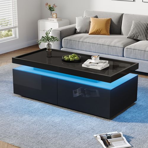 Table Basse Noir, Canapé, 2 Tiroirs, Éclairage LED Mobile, Capacité 50kg, Style Moderne