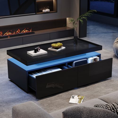 Table Basse Noir, Canapé, 2 Tiroirs, Éclairage LED Mobile, Capacité 50kg, Style Moderne