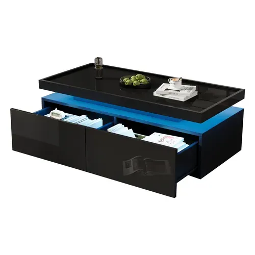 Table Basse Noir, Canapé, 2 Tiroirs, Éclairage LED Mobile, Capacité 50kg, Style Moderne