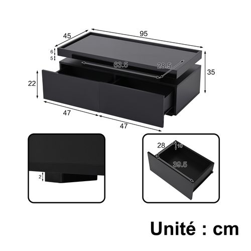 Table Basse Noir, Canapé, 2 Tiroirs, Éclairage LED Mobile, Capacité 50kg, Style Moderne