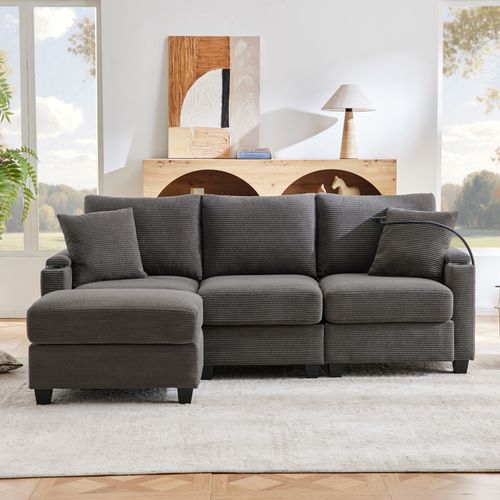 Canapé  L 3 Places - Méridienne - Pouf - Port USB - Velours Côtelé - Gris