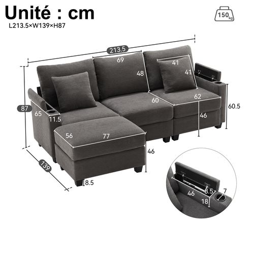Canapé  L 3 Places - Méridienne - Pouf - Port USB - Velours Côtelé - Gris