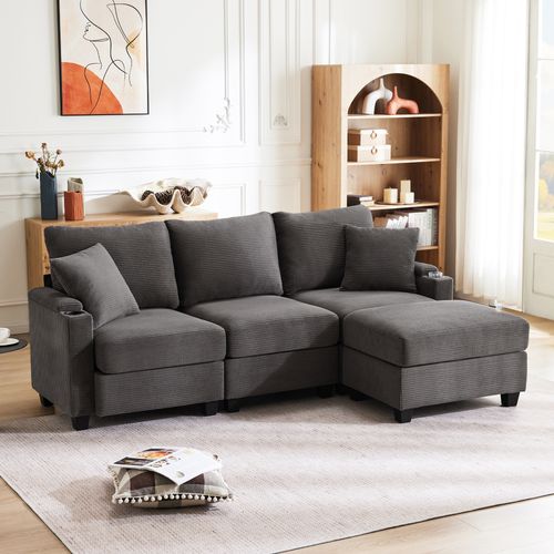 Canapé  L 3 Places - Méridienne - Pouf - Port USB - Velours Côtelé - Gris