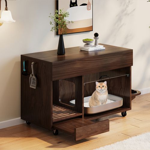Meuble Litière Chat, Armoire Fermée Pratique, Plateau Amovible Et Roulettes, Anti-odeur, Mdf Noyer