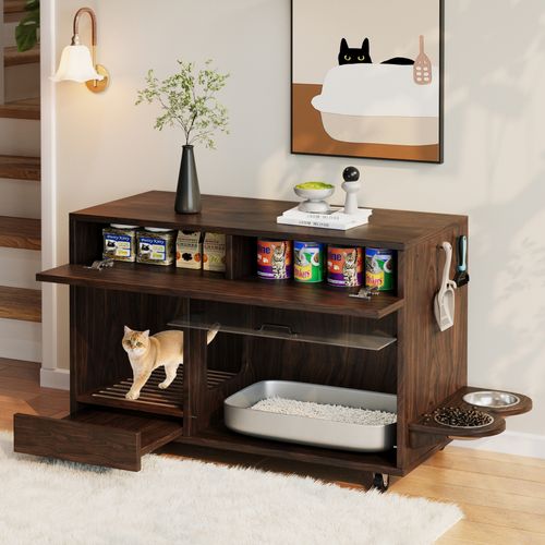 Meuble Litière Chat, Armoire Fermée Pratique, Plateau Amovible Et Roulettes, Anti-odeur, Mdf Noyer