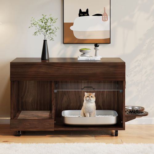 Meuble Litière Chat, Armoire Fermée Pratique, Plateau Amovible Et Roulettes, Anti-odeur, Mdf Noyer