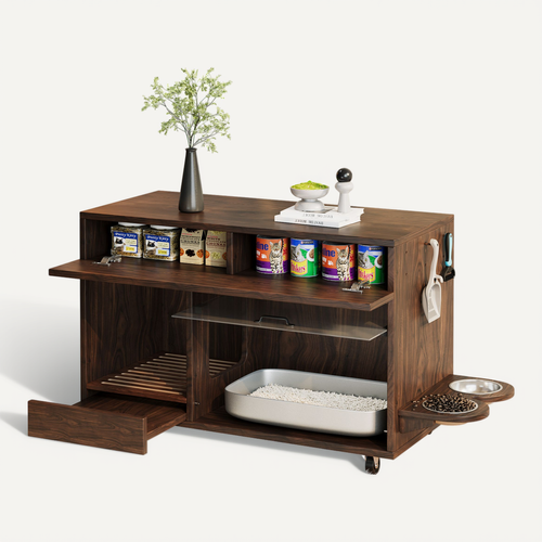 Meuble Litière Chat, Armoire Fermée Pratique, Plateau Amovible Et Roulettes, Anti-odeur, Mdf Noyer