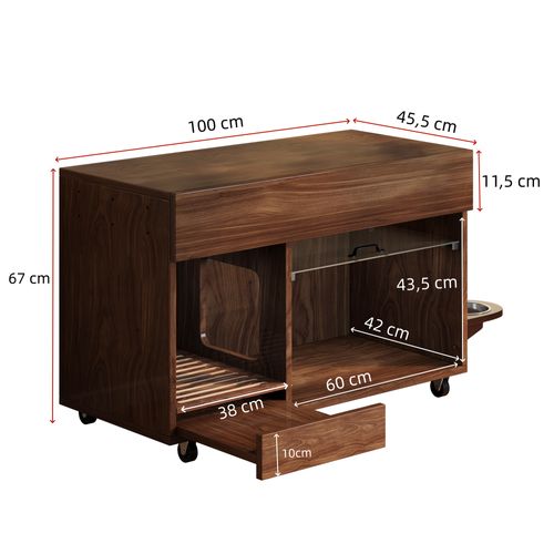 Meuble Litière Chat, Armoire Fermée Pratique, Plateau Amovible Et Roulettes, Anti-odeur, Mdf Noyer