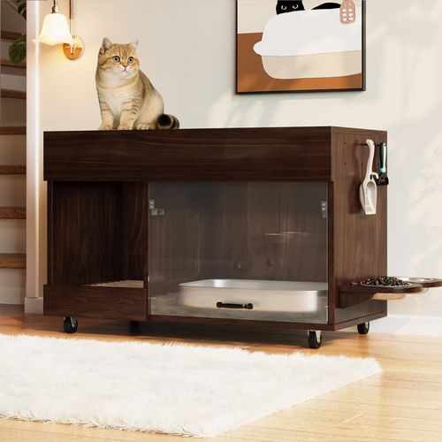 Meuble Litière Chat, Armoire Fermée Pratique, Plateau Amovible Et Roulettes, Anti-odeur, Mdf Noyer