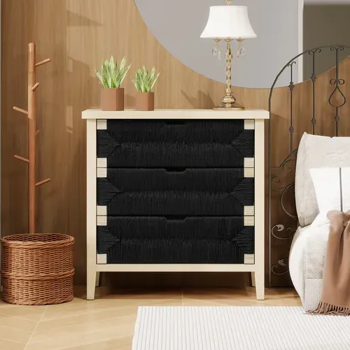Commode 3 Tiroirs -Style Bohème Avec Cordes Noires -Chevet De Rangement Pour Chambre Ou Salon - Noir