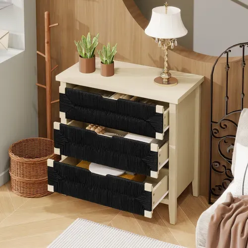 Commode 3 Tiroirs -Style Bohème Avec Cordes Noires -Chevet De Rangement Pour Chambre Ou Salon - Noir