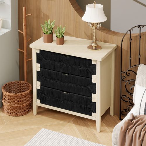 Commode 3 Tiroirs -Style Bohème Avec Cordes Noires -Chevet De Rangement Pour Chambre Ou Salon - Noir