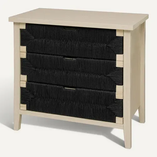 Commode 3 Tiroirs -Style Bohème Avec Cordes Noires -Chevet De Rangement Pour Chambre Ou Salon - Noir