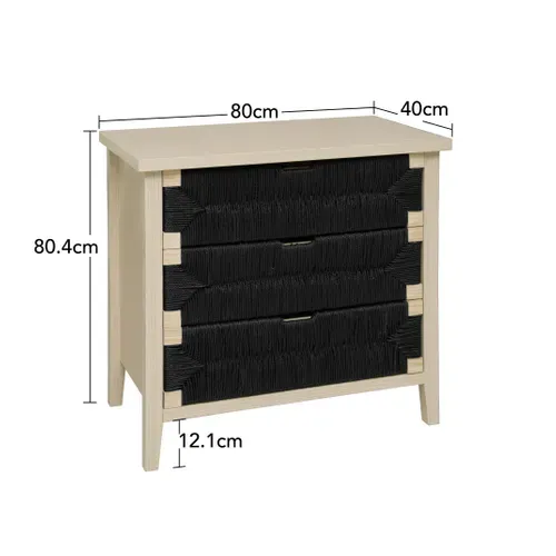 Commode 3 Tiroirs -Style Bohème Avec Cordes Noires -Chevet De Rangement Pour Chambre Ou Salon - Noir