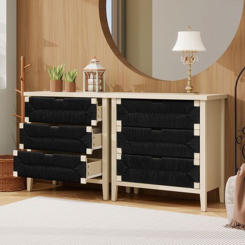 Commode 3 Tiroirs -Style Bohème Avec Cordes Noires -Chevet De Rangement Pour Chambre Ou Salon - Noir