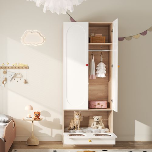 Penderie Enfant,armoire Avec Tringle Et Niche Chat, Ensemble Chambre Fonctionnel,mdf, Blanc