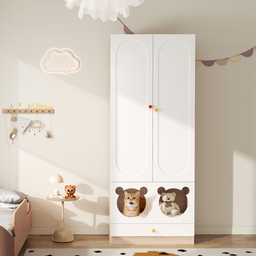 Penderie Enfant,armoire Avec Tringle Et Niche Chat, Ensemble Chambre Fonctionnel,mdf, Blanc