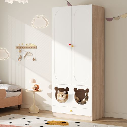 Penderie Enfant,armoire Avec Tringle Et Niche Chat, Ensemble Chambre Fonctionnel,mdf, Blanc