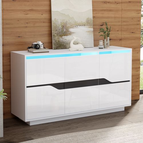 Buffet Bahut Haut Brillant Avec LED, 3 Portes, Étagères Ajustables, Rangement Salon, Blanc/noir