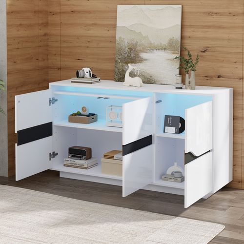 Buffet Bahut Haut Brillant Avec LED, 3 Portes, Étagères Ajustables, Rangement Salon, Blanc/noir