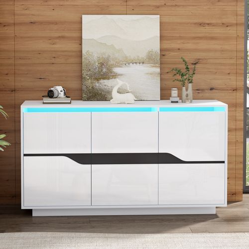 Buffet Bahut Haut Brillant Avec LED, 3 Portes, Étagères Ajustables, Rangement Salon, Blanc/noir