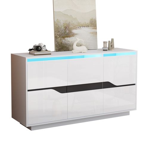 Buffet Bahut Haut Brillant Avec LED, 3 Portes, Étagères Ajustables, Rangement Salon, Blanc/noir