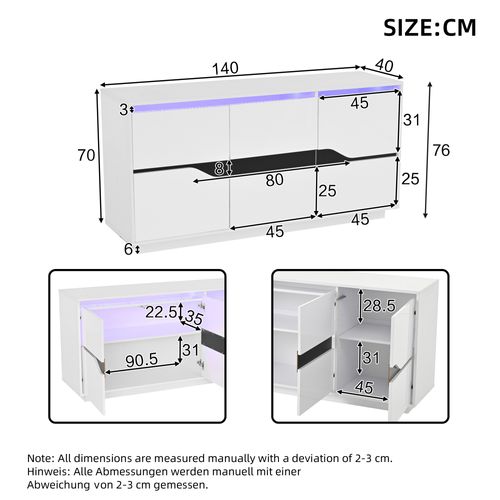 Buffet Bahut Haut Brillant Avec LED, 3 Portes, Étagères Ajustables, Rangement Salon, Blanc/noir