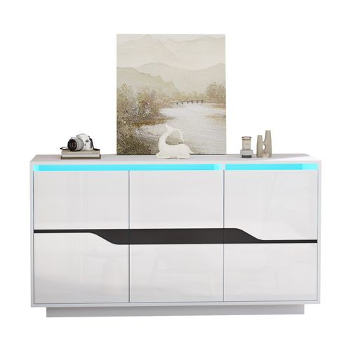 Buffet Bahut Haut Brillant Avec LED, 3 Portes, Étagères Ajustables, Rangement Salon, Blanc/noir