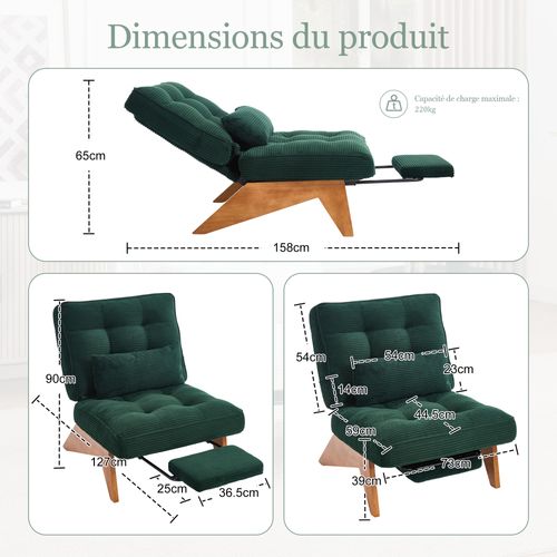 Chaise Longue Avec Repose-pieds, Assise Mousse, Velours Côtelé, Confortable, Émeraude