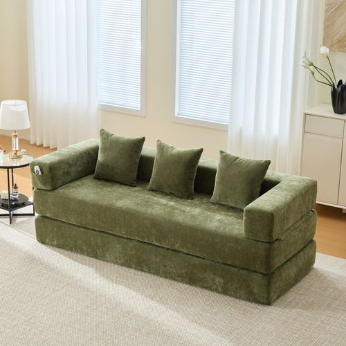 Canapé Modulable - Sofa Bloc Convertible - Poches Latérales - Tissu Chenille - Antidérapant - Vert