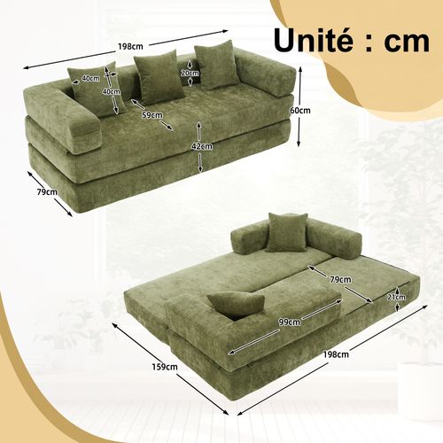 Canapé Modulable - Sofa Bloc Convertible - Poches Latérales - Tissu Chenille - Antidérapant - Vert