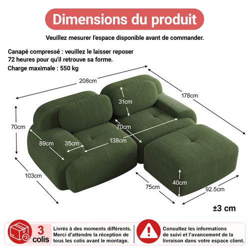 Canapé Compressé,canapé Modulaire,1 Pouf,accoudoirs Courbés, Sans Montage, Velours Côtelé Vert