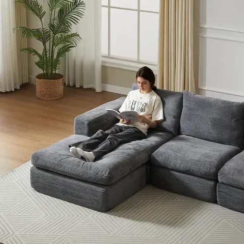 Canapé angle 3 Places - L-shape - 3 Coussins - Confortable - Velours Côtelé - Gris Foncé