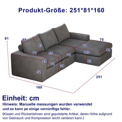 Canapé angle 3 Places - L-shape - 3 Coussins - Confortable - Velours Côtelé - Gris Foncé