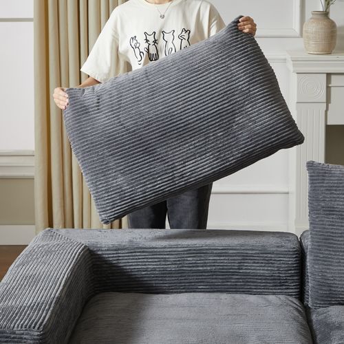 Canapé angle 3 Places - L-shape - 3 Coussins - Confortable - Velours Côtelé - Gris Foncé