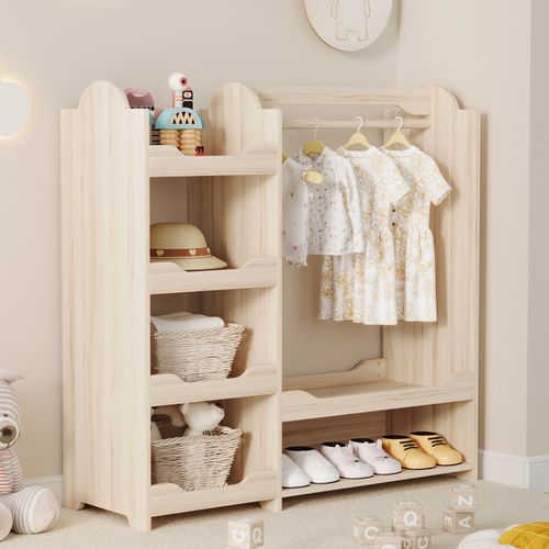 Armoire - Armoire Pour Enfant Avec 4 Étagères Et Tringle - Meuble De Rangement - MDF - Naturel