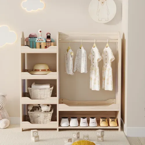 Armoire - Armoire Pour Enfant Avec 4 Étagères Et Tringle - Meuble De Rangement - MDF - Naturel