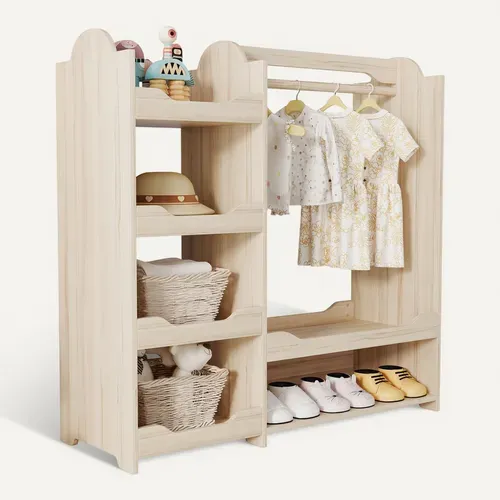 Armoire - Armoire Pour Enfant Avec 4 Étagères Et Tringle - Meuble De Rangement - MDF - Naturel