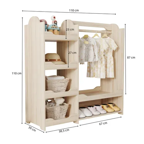 Armoire - Armoire Pour Enfant Avec 4 Étagères Et Tringle - Meuble De Rangement - MDF - Naturel