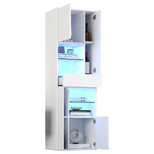 Vitrine - Meuble De Rangement Salon Moderne - 1 Tiroir - 4 Portes - LED Intégré - Blanc