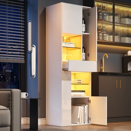 Vitrine - Meuble De Rangement Salon Moderne - 1 Tiroir - 4 Portes - LED Intégré - Blanc